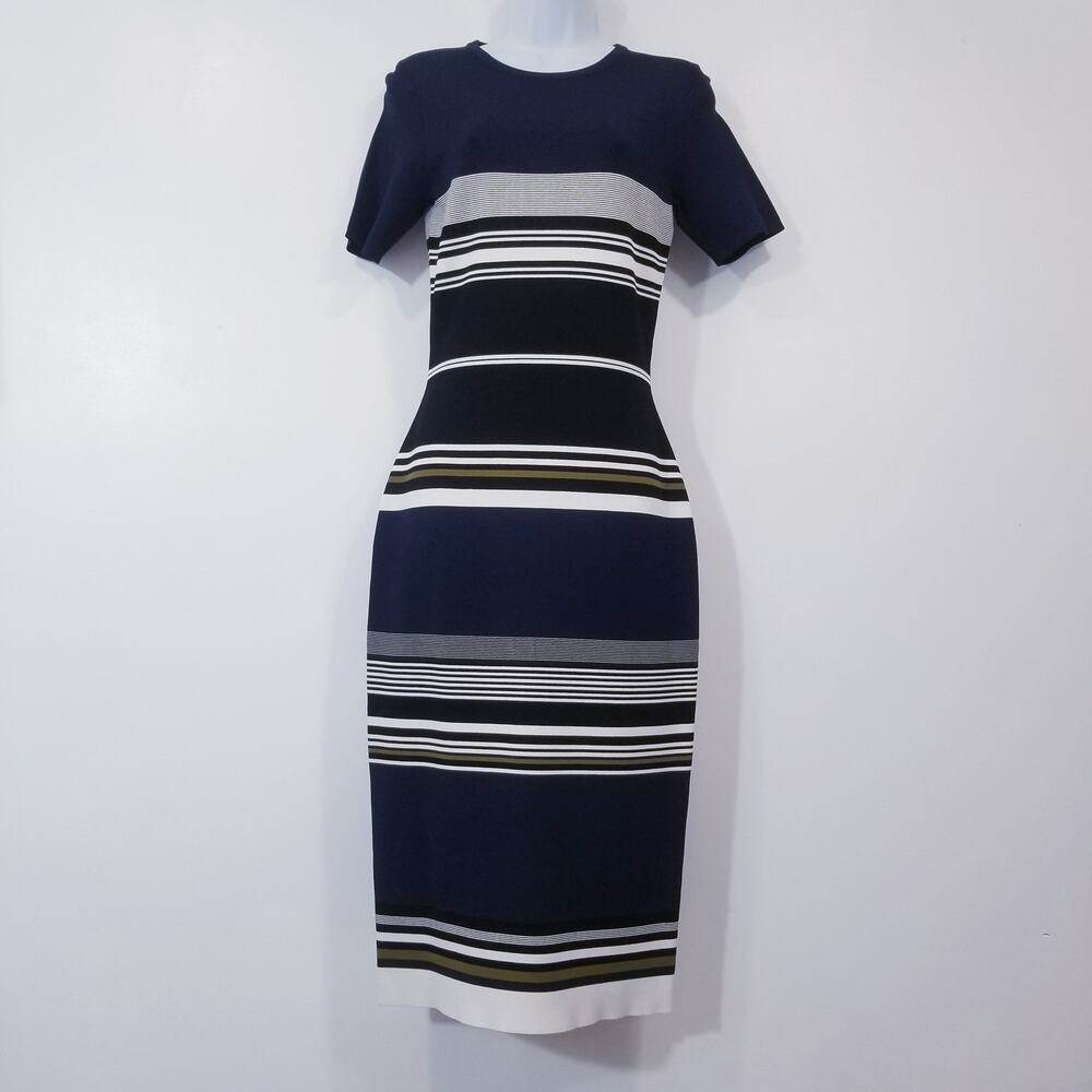Diane Von Furstenberg Knit Striped Bodycon Midi Dress Crewneck Short Sleeves